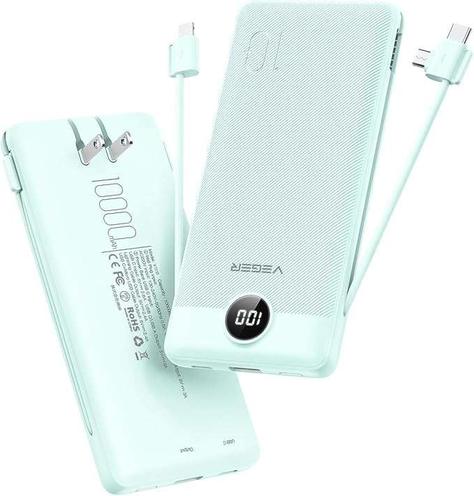 VEGER Portable Charger with Built-in AC Plug and Cables, All in One 10000mAh Ultra Slim Power Ban... | Amazon (US)
