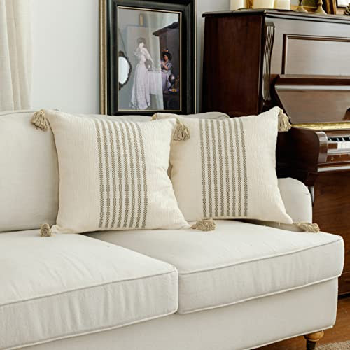 IKATYARN 18 x 18 Inches Pack of 2 Boho Beige and Off White Embroidery Striped Throw Pillow Cover, Soft Chenille Pillowcase with Tassels, Modern Farmhouse Decor Cushion Cover for Couch Sofa Bed | Amazon (US)