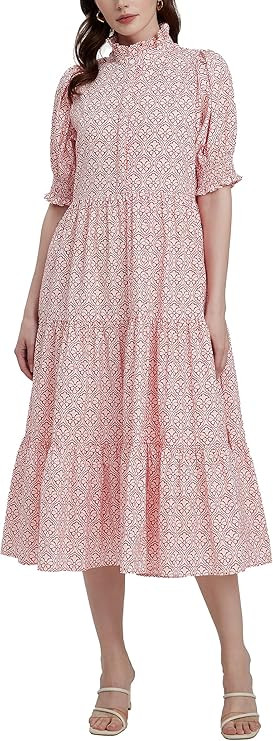D-Sun Women Floral V-Neck Maxi Dress Button Down Printed Short Puff Sleeve Tiered Collared Flowy ... | Amazon (US)
