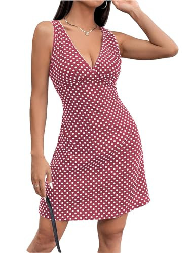 RoseSeek Women's Polka Dots V Neck Tank Dress Sleeveless Summer A Line Dresses Sexy Mini Dress Dark Pink Small | Amazon (US)