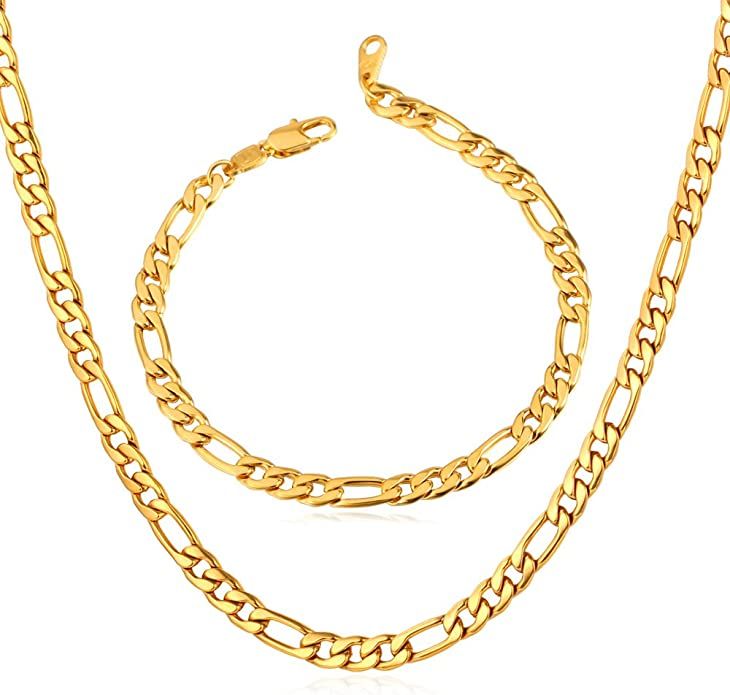 U7 5mm Figaro Chain Boy Men Fashion Jewelry 18K Gold Plated Stainless Steel Link Bracelet & Neckl... | Amazon (US)