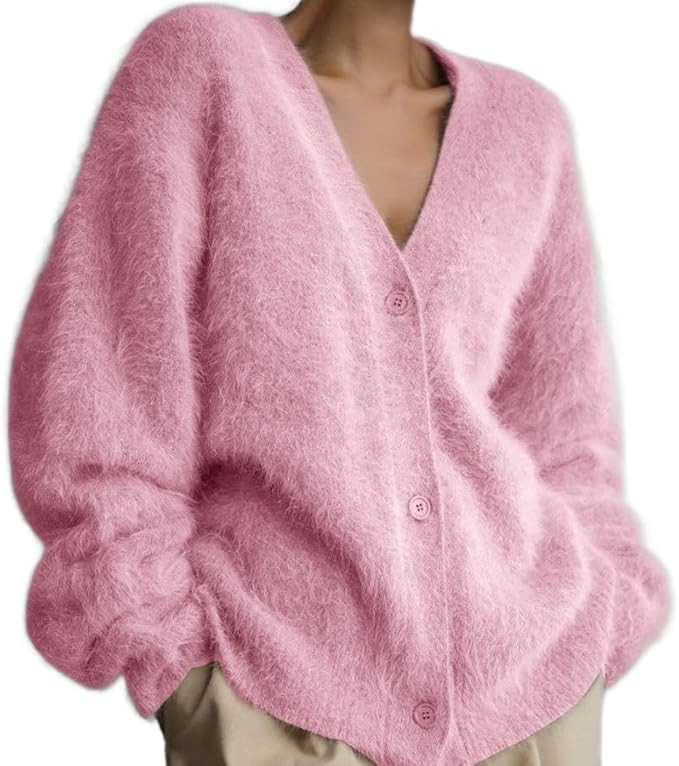 Women's Fuzzy Mohair Sweater Button Down V Neck Long Sleeve Knit Tops Casual Lightweight Cardigan... | Amazon (US)