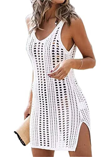 AIMITAG Swimsuits Cover Ups Crochet Bathing Suit Tassel Bikini Coverup Beach Swimwear Hollow Out Slit Crochet Cover Up Dress(X-Large,White1) | Amazon (US)