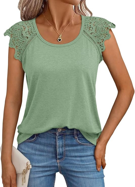 AUTOMET Womens Tops Casual Dressy Lace Summer Tee 2026 Cap Sleeve T Shirts Cute Basic Trendy Fash... | Amazon (US)