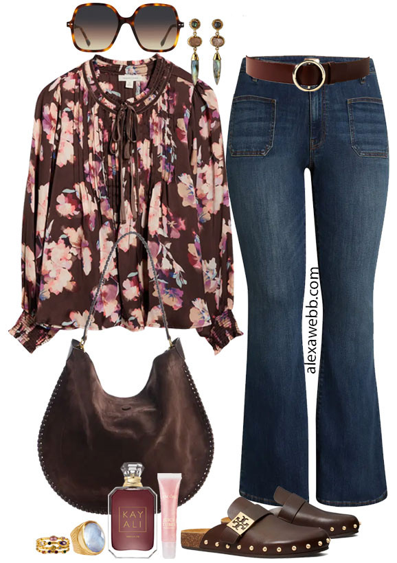 Plus Size Winter Boho Outfit - A plus size boho outfit idea with a peasant top and flare jeans. Add an Isabel Marant hobo bag and Tory Burch studded mules. This is such a vibe! Alexa Webb 

 #plussize #LTKOver40 #LTKMidsize #LTKPlusSize