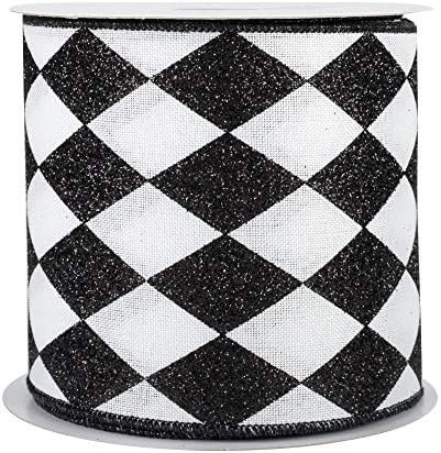 Black White Diamonds Harlequin Ribbon - 4" x 10 Yards, Argyle, Black Wire Edged, Valentine's Day,... | Amazon (US)