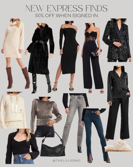 New Express finds and they’re all 50% off when you sign in! Pajamas. Slippers with pearls. Pearl jeans. Sweater. Sweater dress. Faux fur coat. Sequin tuxedo jacket. Metallic top. Slouch bag. Split hem denim. Satin tunic. Holiday style. NYE. Holiday party  

#LTKsalealert #LTKstyletip #LTKHoliday