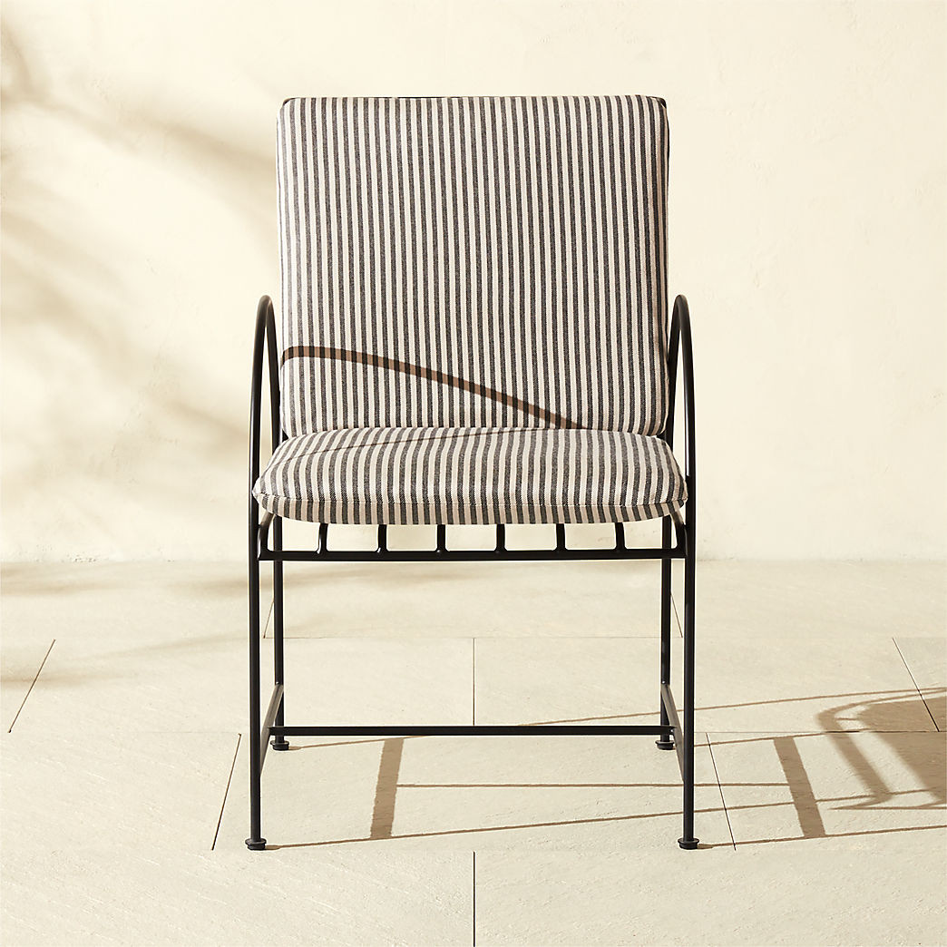 Costa Black Metal Outdoor Dining Armchair with Black and White Striped Sunbrella Cushion | CB2 | CB2