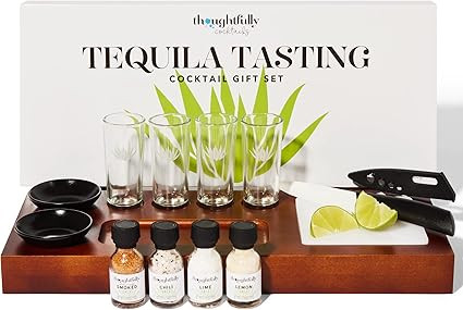 Thoughtfully Cocktails, Tequila Tasting Gift Set, Includes Wooden Flight Board, Knife, 4 Shot Gla... | Amazon (US)