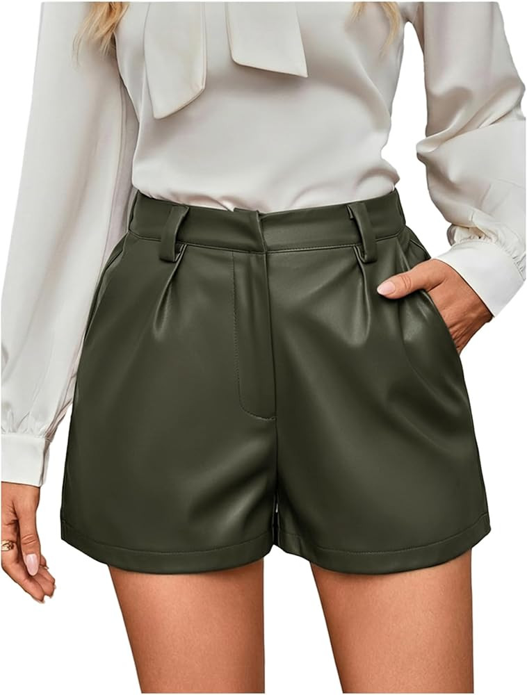 Milumia Women's PU Leather High Waisted Pleated Wide Leg Dressy Shorts with Pocket | Amazon (US)