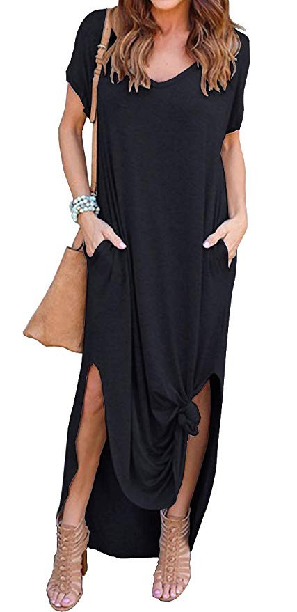 GRECERELLE Women's Casual Loose Pocket Long Dress Short Sleeve Split Maxi Dresses | Amazon (US)
