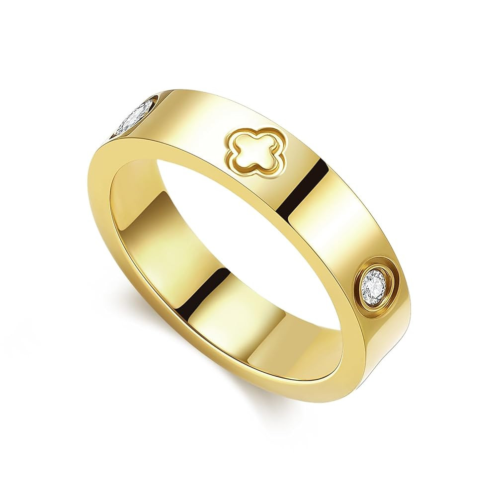18K Gold Plated Wedding Rings for Women, Cubic Zirconia Clover Promise Ring, Stainless Steel Band... | Amazon (US)