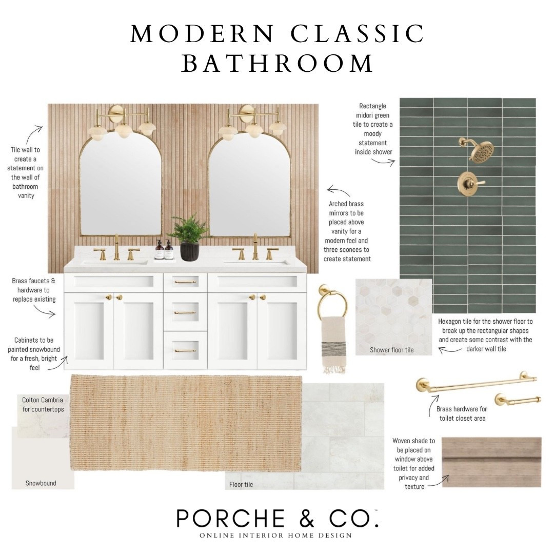 Clean lines, warm textures, and timeless brass details ✨ This Modern Classic Bathroom balances elegance with everyday function — featuring arched mirrors, layered tile, and a bright white vanity. Bathroom Online Interior Design by Porche & Co.

Do you want to bring our dreamy Modern Classic style interior design into your own home? 🏡 You’re in luck! Reserve our Online Interior Design packages today -> https://porcheandco.com/edesign ✨ We can’t wait to work with you & design your home with #porcheandco

#porcheandco #visionboard #moodboard #interiordesign #virtualdesign #modernclassic #bathroomdesign #onlineinteriordesign #neutralhome #timelessstyle


#LTKStyleTip #LTKHome #LTKOver40