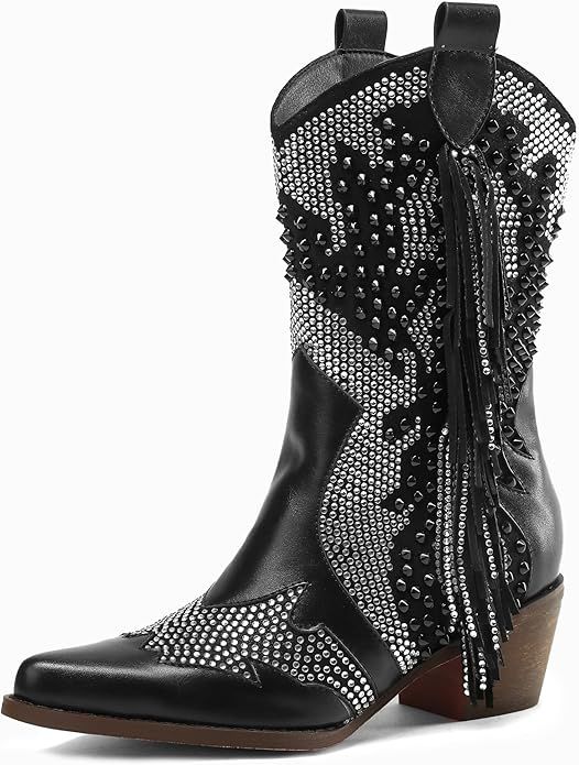 Ankle Boots for Women Pointed Toe Rhinestone Boots Chunky Heel Rivet Western Cowboy Boots With Ta... | Amazon (US)