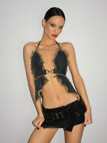 SHEIN ICON Women's Fitted Halter Tie-Up Distressed Frayed Hem Slit Hem Denim Blouse | SHEIN