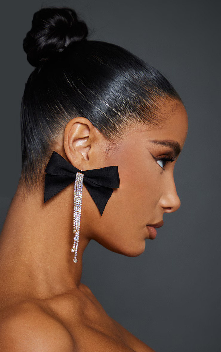 Black Bow Diamante Drop Statement Earrings | PrettyLittleThing US