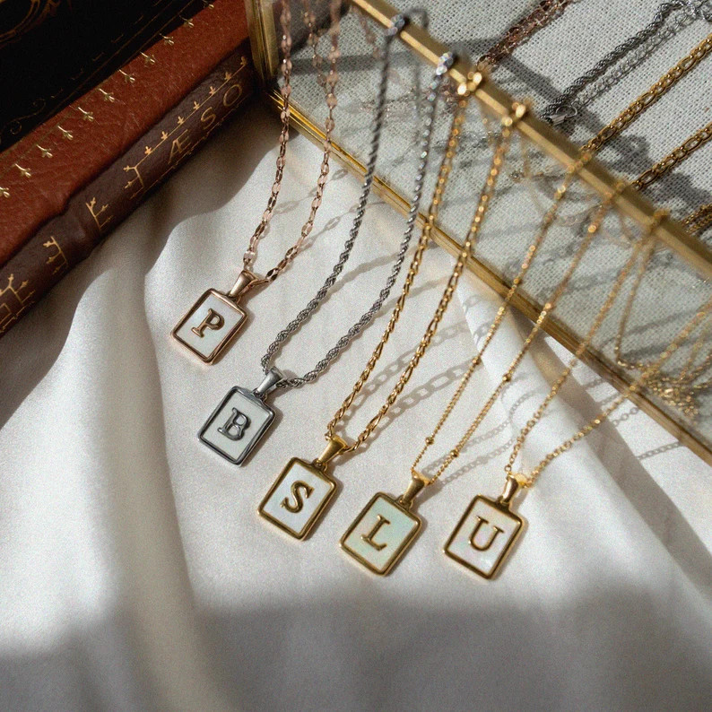 18K Gold Mother of Pearl Initial Necklace, Letter Necklace, Gold Initial Necklace, Name Necklace,... | Etsy (US)