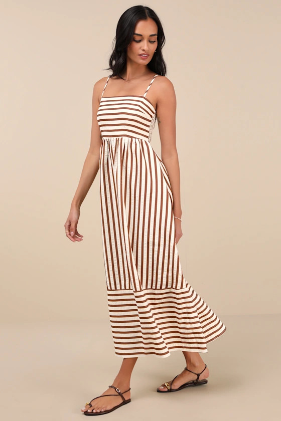 Exceptionally Pristine Brown and Cream Striped Cutout Midi Dress | Lulus