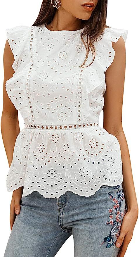 BerryGo Women's Elegant Ruffle Lace Cotton Blouse | Amazon (US)