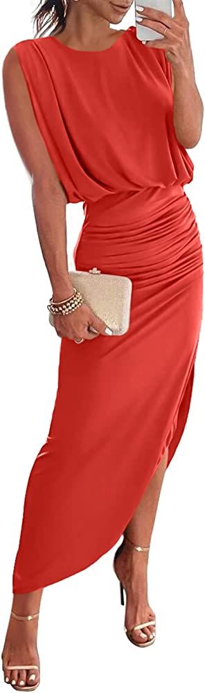 ANRABESS Women 2023 Summer Sleeveless Ruch Bodycon High Waist Asymmetric Slit Cocktail Maxi Dress | Amazon (US)