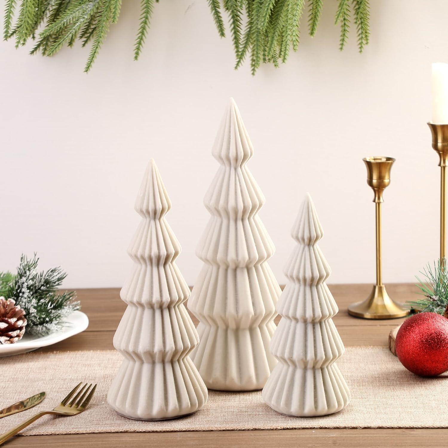 Set of 3 Velvet Ceramic Christmas Trees Decoration Modern Velvet Cone Christmas Tree Figurine Dec... | Amazon (US)