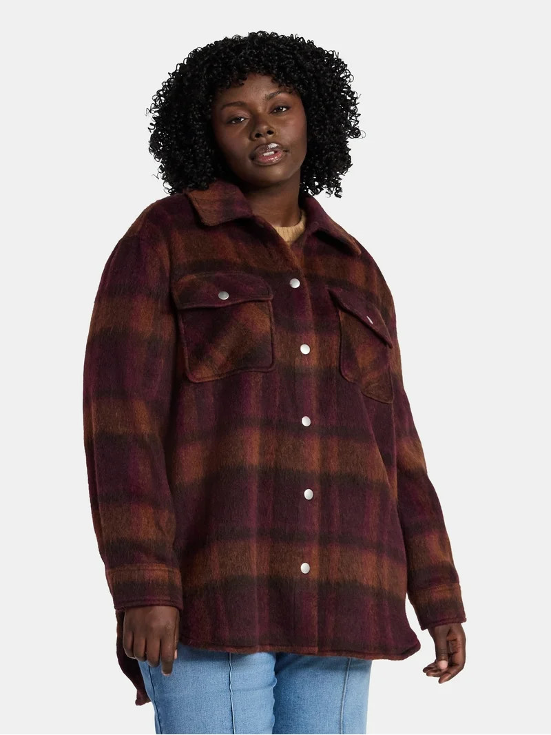 Terra & Sky Women's Plus Longline Brushed Plaid Shacket, Midweight, Sizes 0X-5X | Walmart (US)