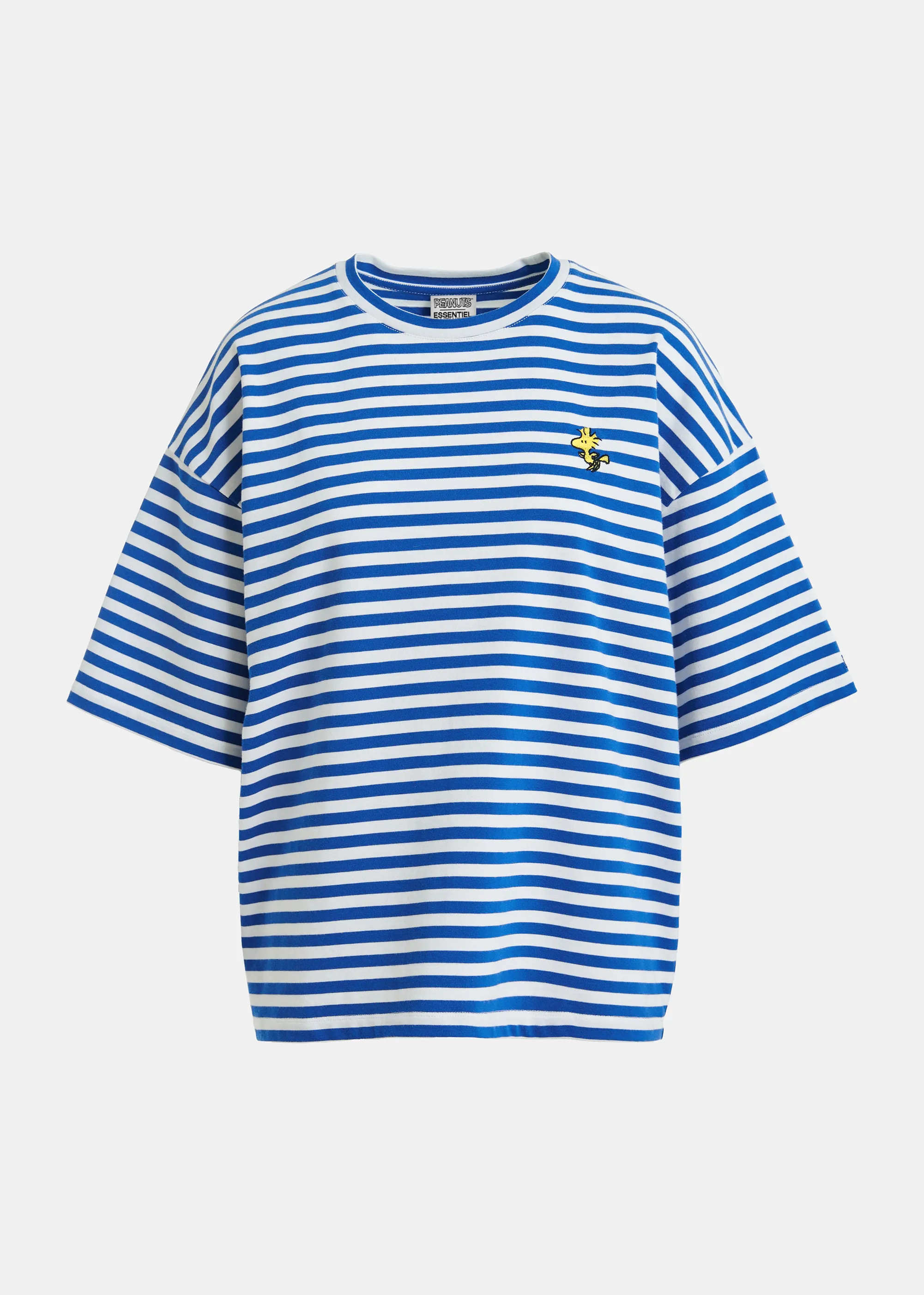 Blue and off-white striped T-shirt with yellow Peanuts\u2122 Woodstock detail | Essentiel Antwerp... | Essentiel Antwerp