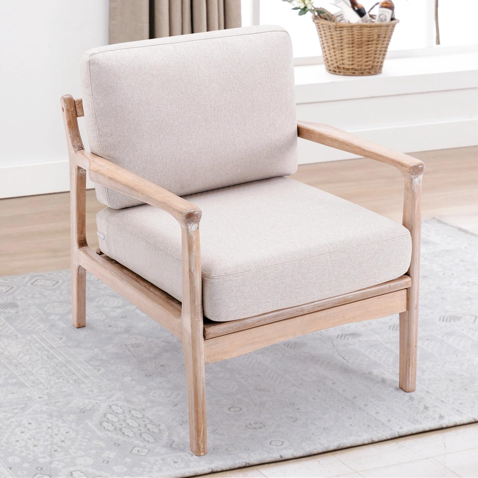 ANJHOME Mid Century Modern Accent Chair, Linen Upholstered Armchair Comfy Lounge Chair with Solid... | Amazon (US)