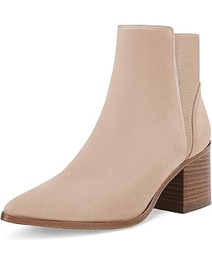 Coutgo Womens Pointed Toe Ankle Boots Elastic Chunky Block Stacked Mid Heel Slip On Chelsea Booti... | Amazon (US)
