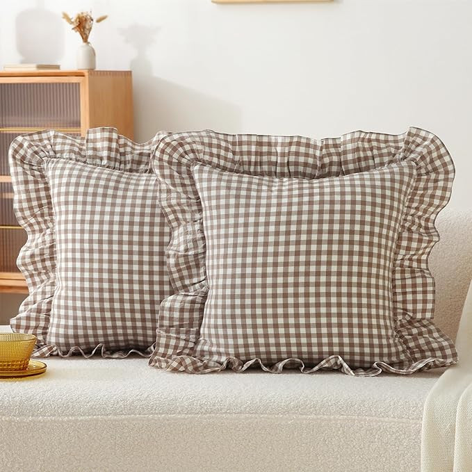 2 Pack 18 x18 inches Warm Taupe/White Checkered Throw Pillow Covers 100% Washed Cotton Vintage Ru... | Amazon (US)