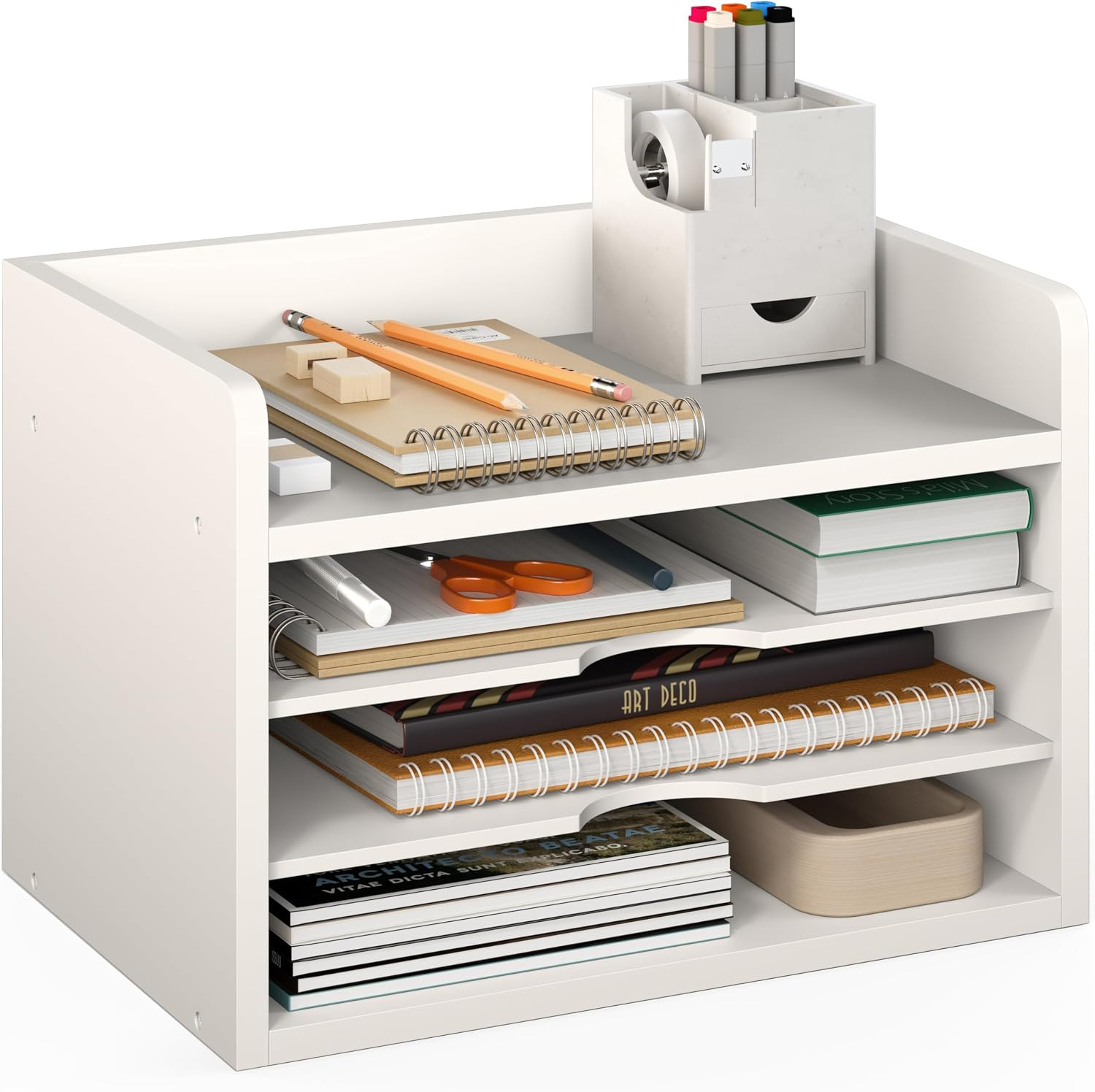 Ballucci File Organizer, 4-Tier Office Desk Organizer, Open Top Wood Paper Organizer for Classroom, Desktop Mail Sorter Paper Tray, White | Amazon (US)