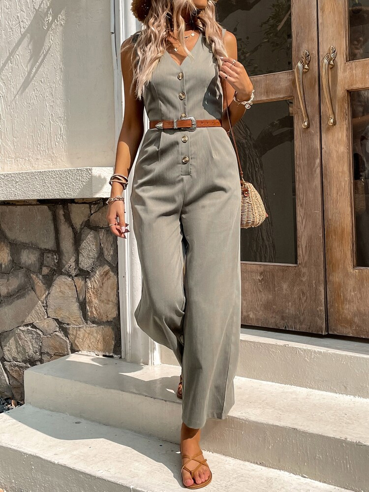 Solid Button Front Jumpsuit Without Belt | SHEIN