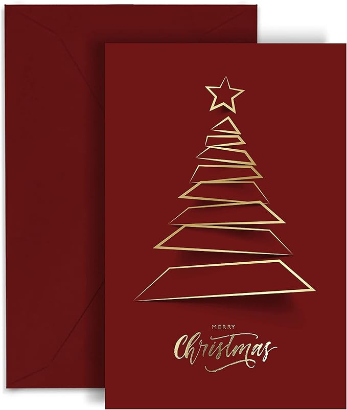 easykart labels 20 Christmas Greeting Cards with Gold Foiling Xmas Tree, 6.75 x 4.5 Size, Dark Re... | Amazon (US)