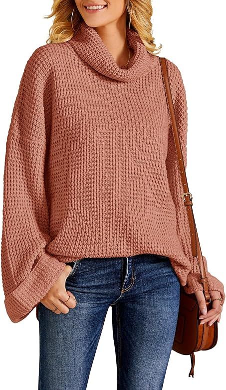 Women Oversized Knitted Jumper Casual Loose Long Batwing Sleeve Turtleneck Pullover Sweater | Amazon (US)
