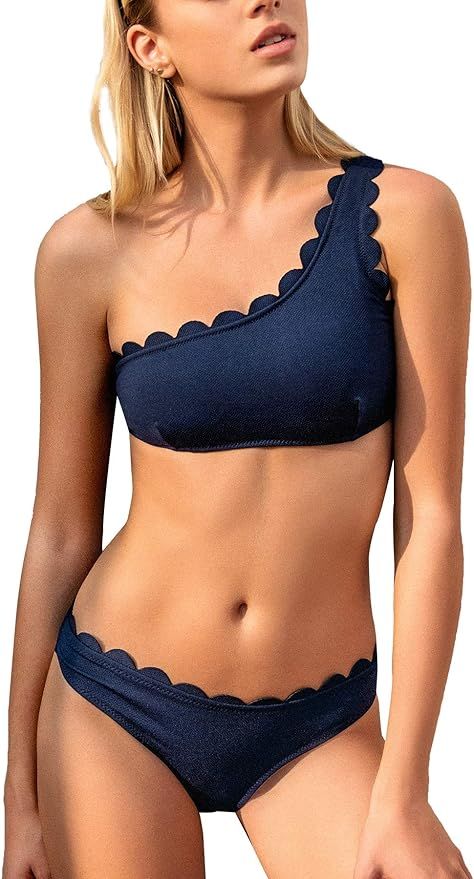 CUPSHE Women's Solid Wavy Edge One-Shoulder Bikini Set Rain of Petals | Amazon (US)