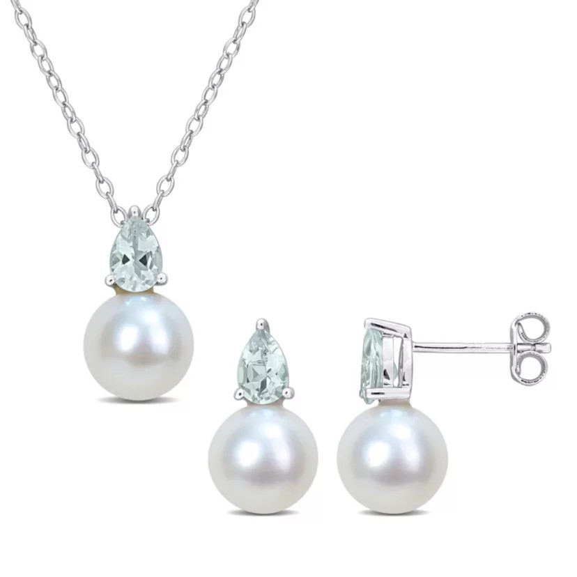 2-Pc Set of Freshwater Cultured Pearl and Aquamarine Stud Earrings and Pendant with Chain in Ster... | Belk
