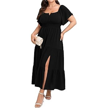 SCOMCHIC Womens Plus Size Maxi Dress Formal Short Sleeve Square Neck Smocked Side Split Flowy A L... | Amazon (US)