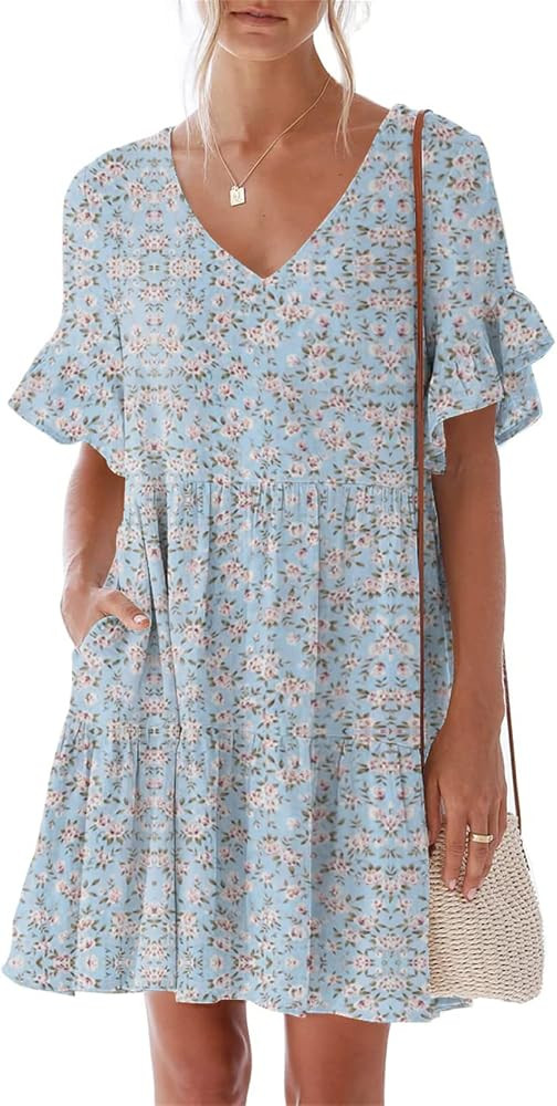 nclook Women's Summer Casual Dress Sweet & Cute V-Neck Mini Dress with Pocket Short Sleevele Ruff... | Amazon (US)