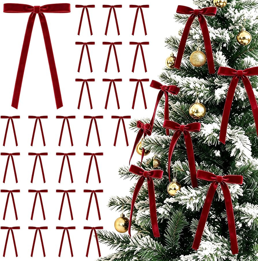30PCs Burgundy Bows for Christmas Tree, 5 x 7 Inch Burgundy Velvet Bows Velvet Christmas Ornament... | Amazon (US)