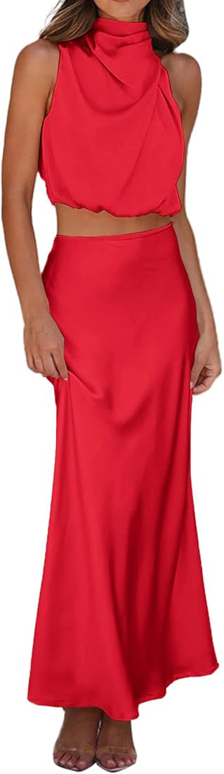Rooscier Women's 2 Pcs Satin Outfits Halter Mock Neck Sleeveless Crop Top Long Skirt Sets | Amazon (US)