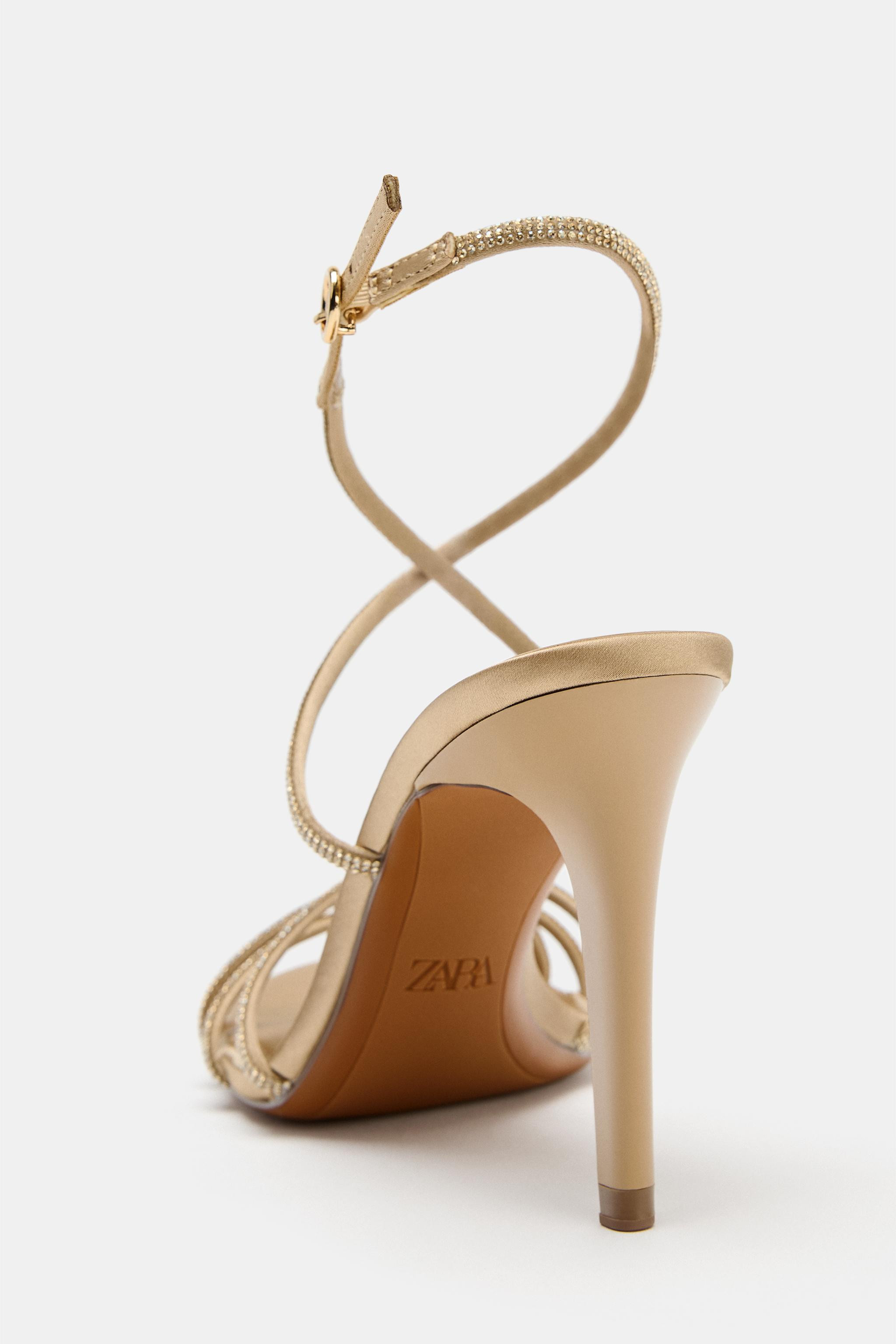 Satin-effect sandals. Sparkly front straps. High thin heel. Buckle strap closure at ankle. Rounde... | Zara US