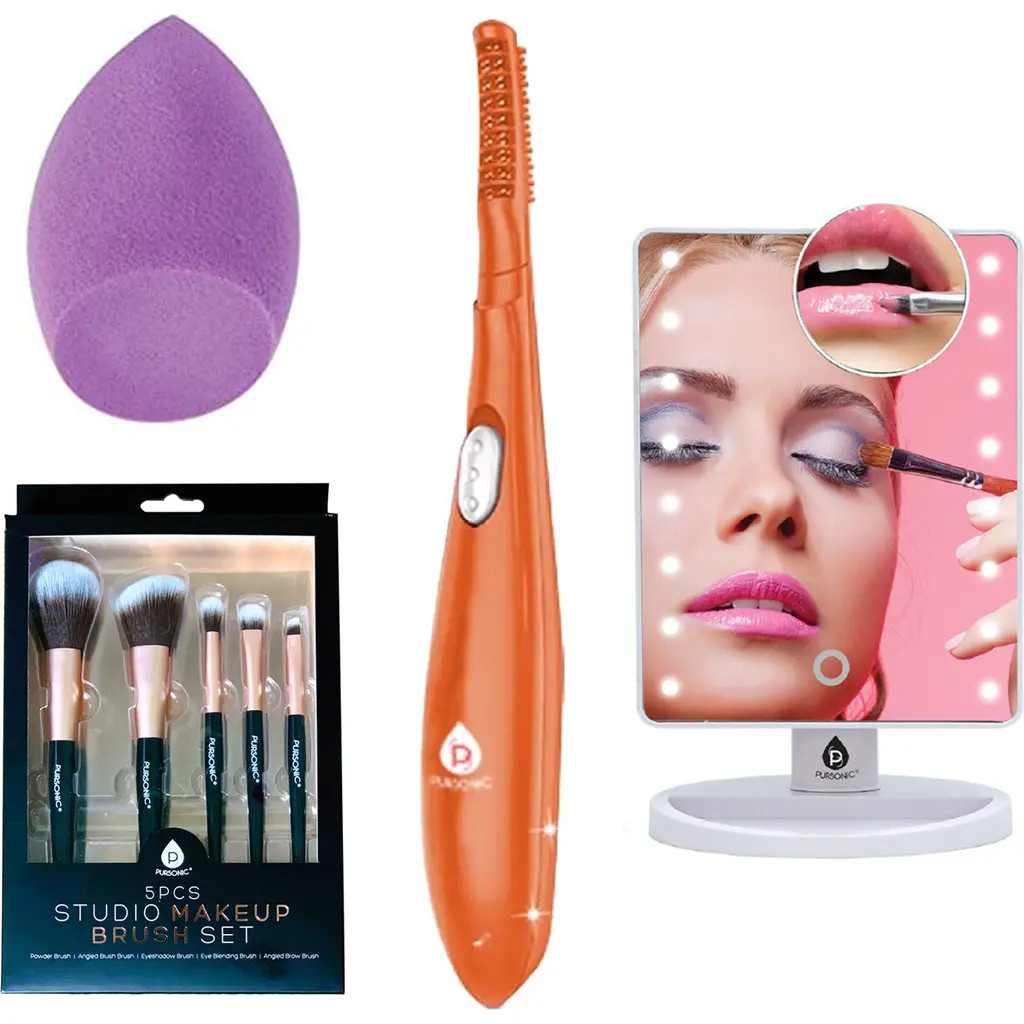 PURSONIC Beauty Collection Heated Curler, LED Mirror, Blender Sponge, & Brush Set in Black at Nordstrom | Nordstrom