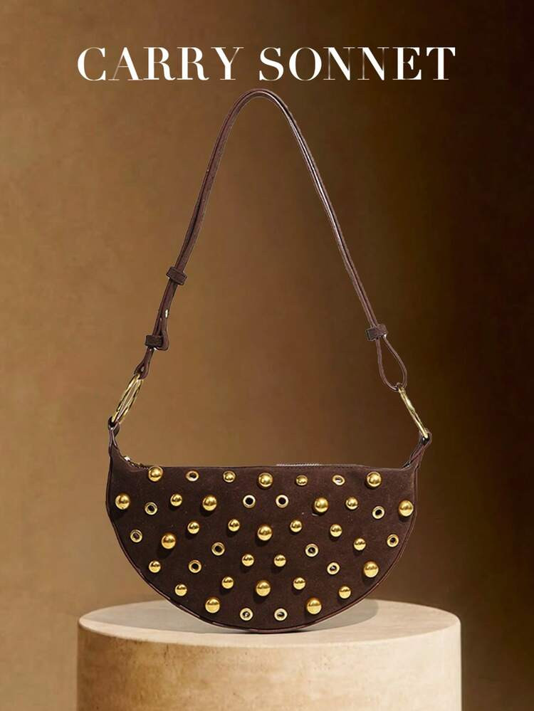 Crescent-Shaped Hollow Leather Crossbody Bag, Minimalist Design, Suitable For Shopping And Commuting, Showcasing Fashionable Personalized. The Crescent-Shaped Shoulder Bag Is Decorated With Gold Rivets, Punk Style Crossbody Bag, Essential Item For Autumn Holidays. | SHEIN