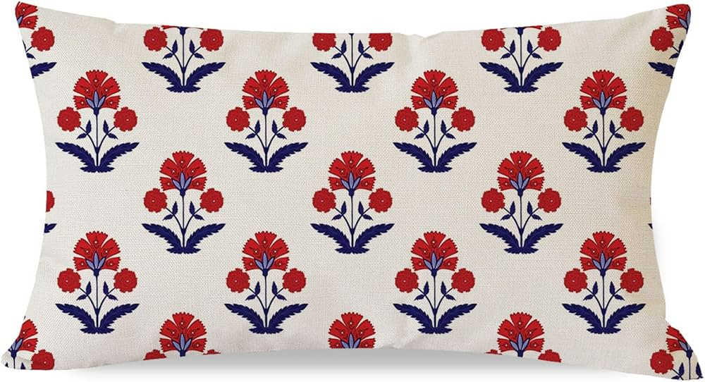 PANDICORN Block Print Throw Pillow Covers 12x20 Inch Red and Blue Vintage Boho Floral Outdoor Dec... | Amazon (US)