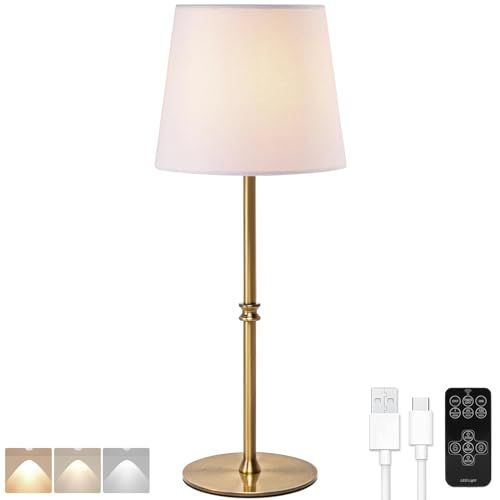 BLUEYE Cordless Table Lamps,Remote Control,Soft Warm 2700K-6000K,Rechargeable,No Flicker,Replaceable Bulb,450Lumens,40W Equivalent,Detachable Charging,3 Timers,White Shade,1Pack,Antique Brass | Amazon (US)