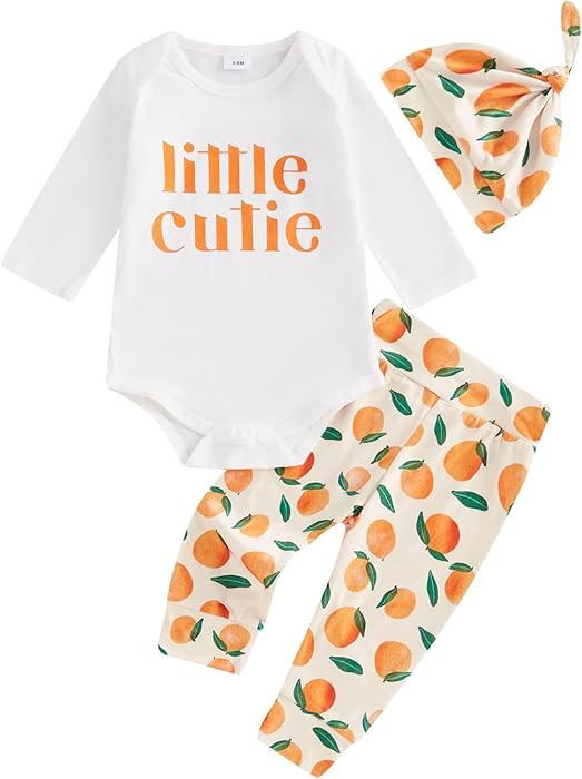 Little Cutie Baby Girl Fall Outfits Long Sleeve Romper Orange Pants Knot Hat Clementine Coming Ho... | Amazon (US)