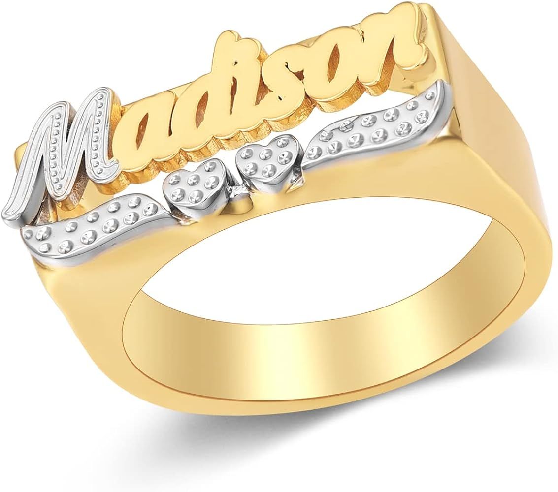 Gemiac Personalized Name Ring with Heart 18K Gold Plated Ring Unisex Custom Nameplate Initial Rin... | Amazon (US)