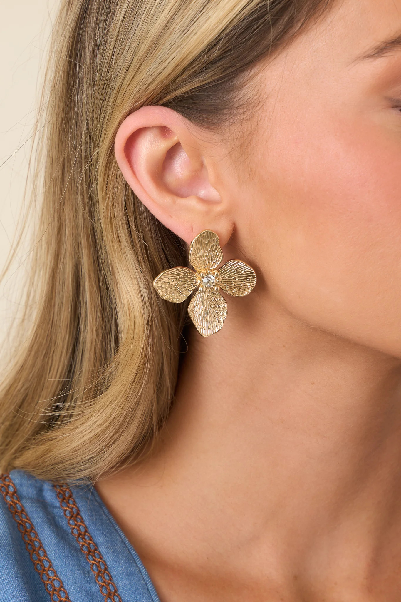 Worth the Attention Gold Floral Sculpted Statement Earrings | Red Dress