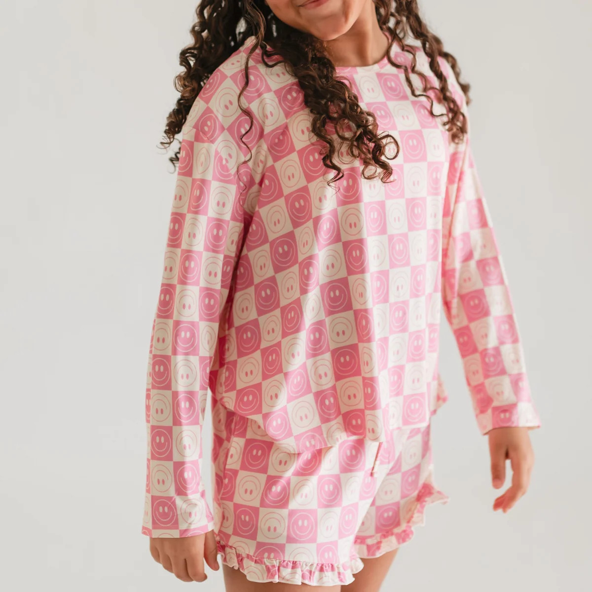 Girl's Long Sleeve and Ruffle Shorts Set in Checkered Smileys | Silks Design