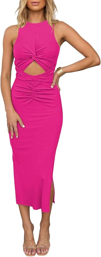 HUUSA Women's Sexy Sleeveless Hollow Out Slim Bodycon Dress Crewneck Crisscross Twist Ruched Slit... | Amazon (US)